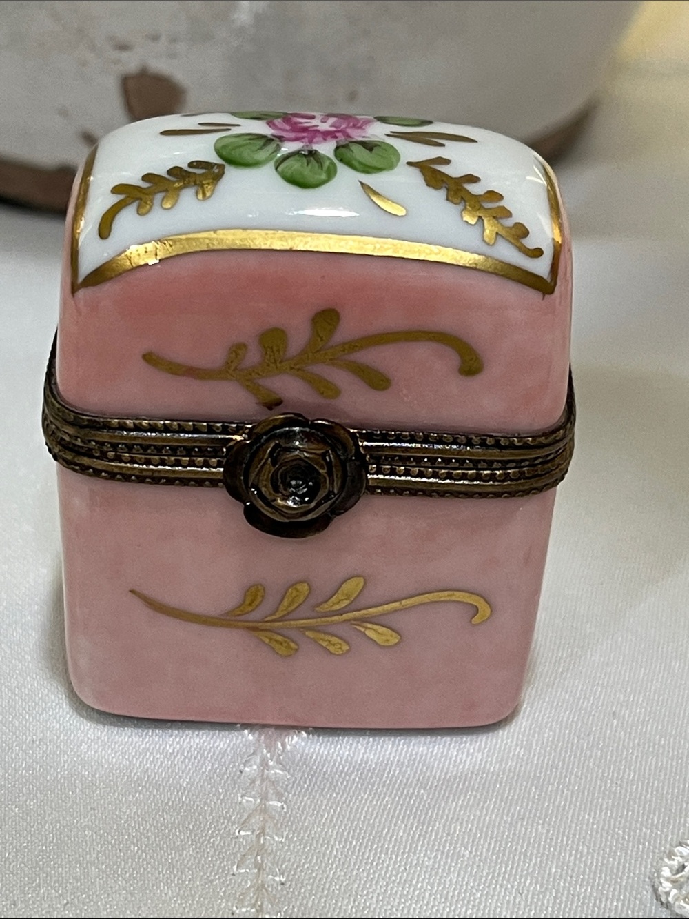 Limoges Pink and White Floral Gilded Porcelain Trinket Box